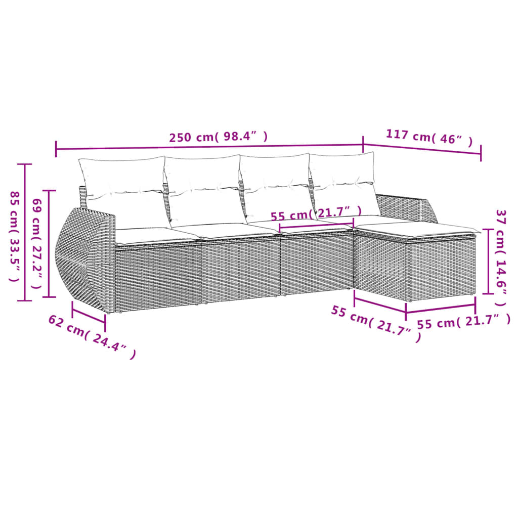 Set Divano da Giardino 5 pz con Cuscini-Sofa da Giardino-Divanetto da esterno Grigio in Polyrattan 340031