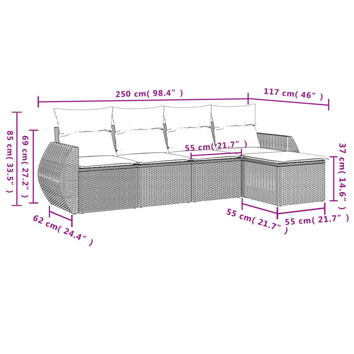 Set Divano da Giardino 5 pz con Cuscini-Sofa da Giardino-Divanetto da esterno Grigio in Polyrattan 340031