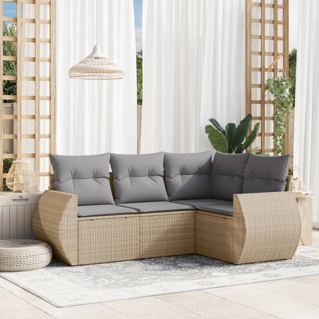 Set Divano da Giardino 4 pz con Cuscini-Sofa da Giardino-Divanetto da esterno Beige in Polyrattan 443794