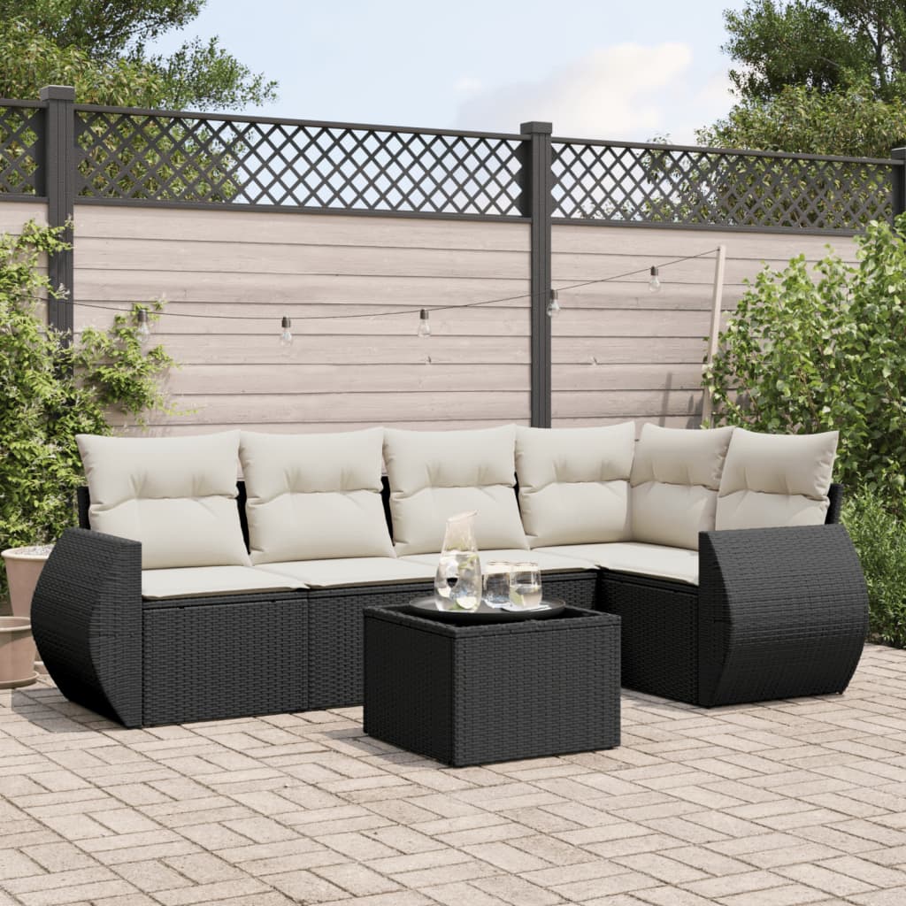 Set Divano da Giardino 6 pz con Cuscini Nero in Polyrattan