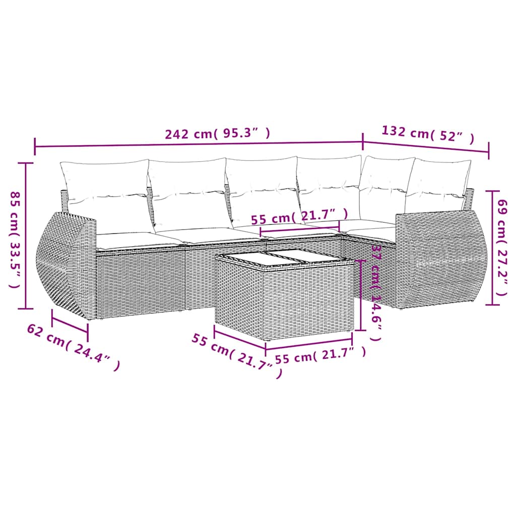 vidaXL Set Divano da Giardino 6pz con Cuscini Grigio Chiaro Polyrattan