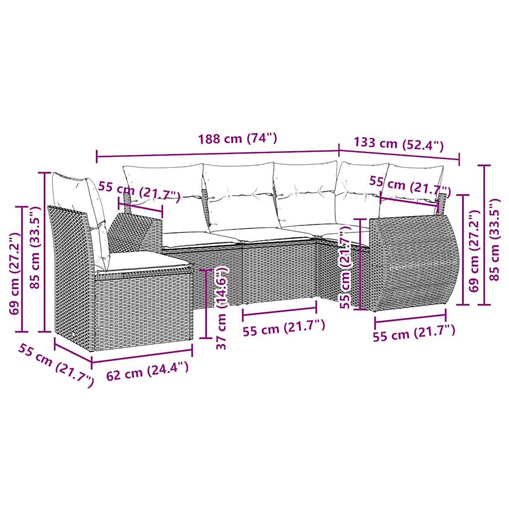 Set Divano da Giardino 5pz con Cuscini Grigio Chiaro Polyrattan 3221371