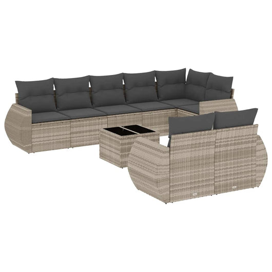 Set Divano da Giardino 9pz con Cuscini Grigio Chiaro Polyrattan