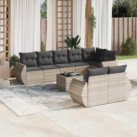 Set Divano da Giardino 9pz con Cuscini Grigio Chiaro Polyrattan