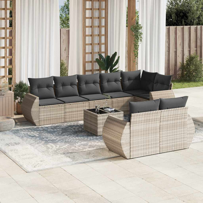 Set Divano da Giardino 9pz con Cuscini Grigio Chiaro Polyrattan