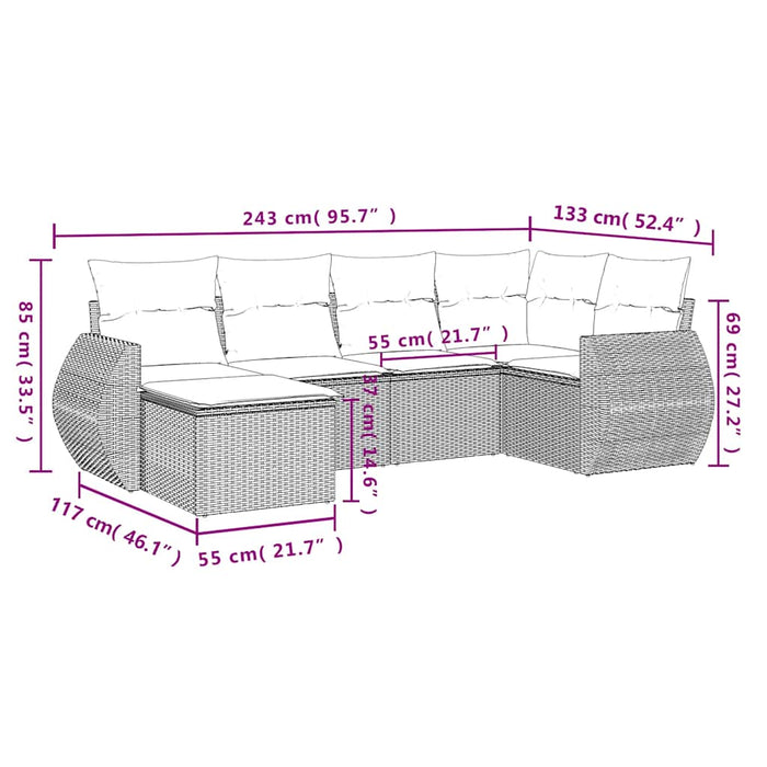 Set Divano da Giardino 6pz con Cuscini Grigio Chiaro Polyrattan