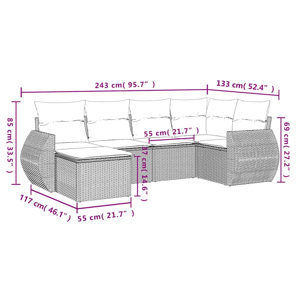 Set Divano da Giardino 6pz con Cuscini Grigio Chiaro Polyrattan 3221661