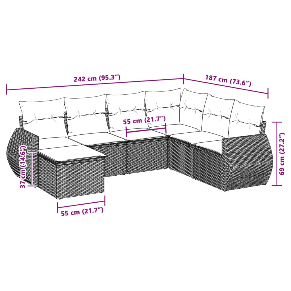 Set Divani da Giardino 7pz con Cuscini Grigio Chiaro Polyrattan