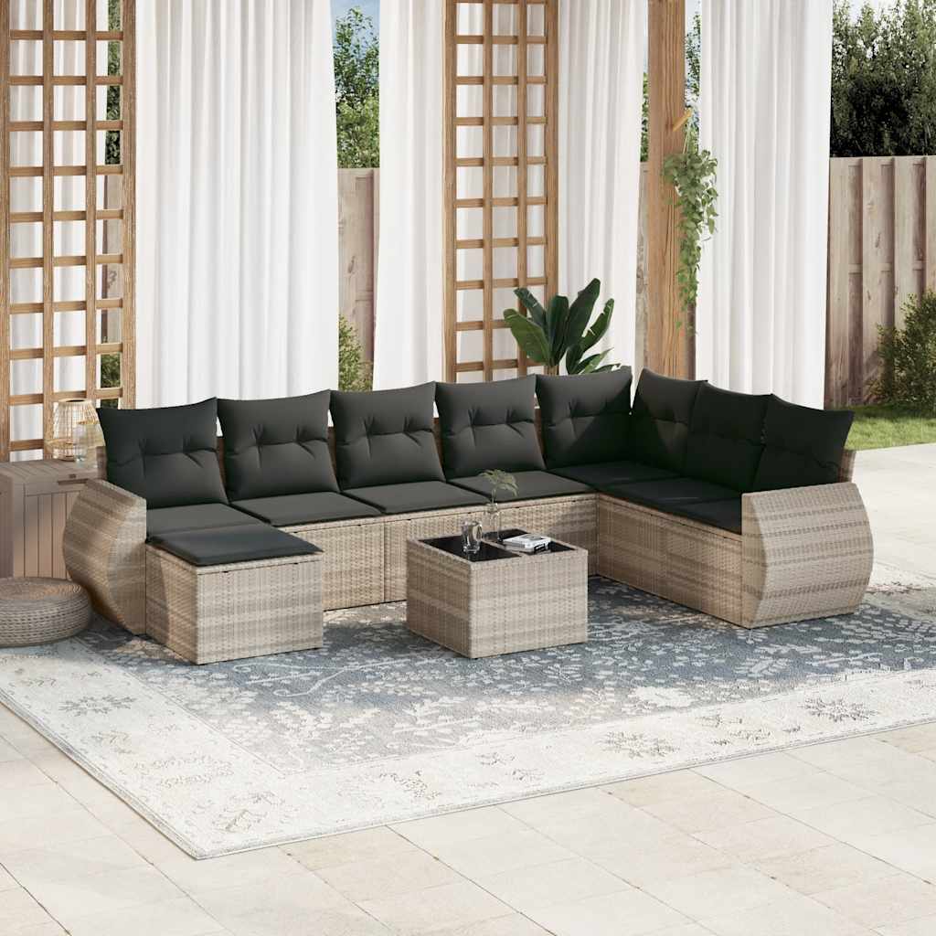Set Divano da Giardino 9pz con Cuscini Grigio Chiaro Polyrattan 3221771
