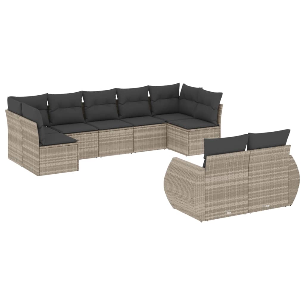 Set Divano da Giardino 9pz con Cuscini Grigio Chiaro Polyrattan 3221821