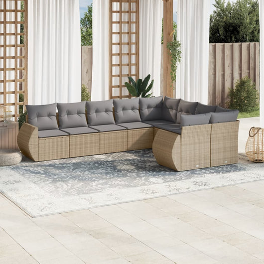Set Divano da Giardino 9 pz con Cuscini Beige in Polyrattan