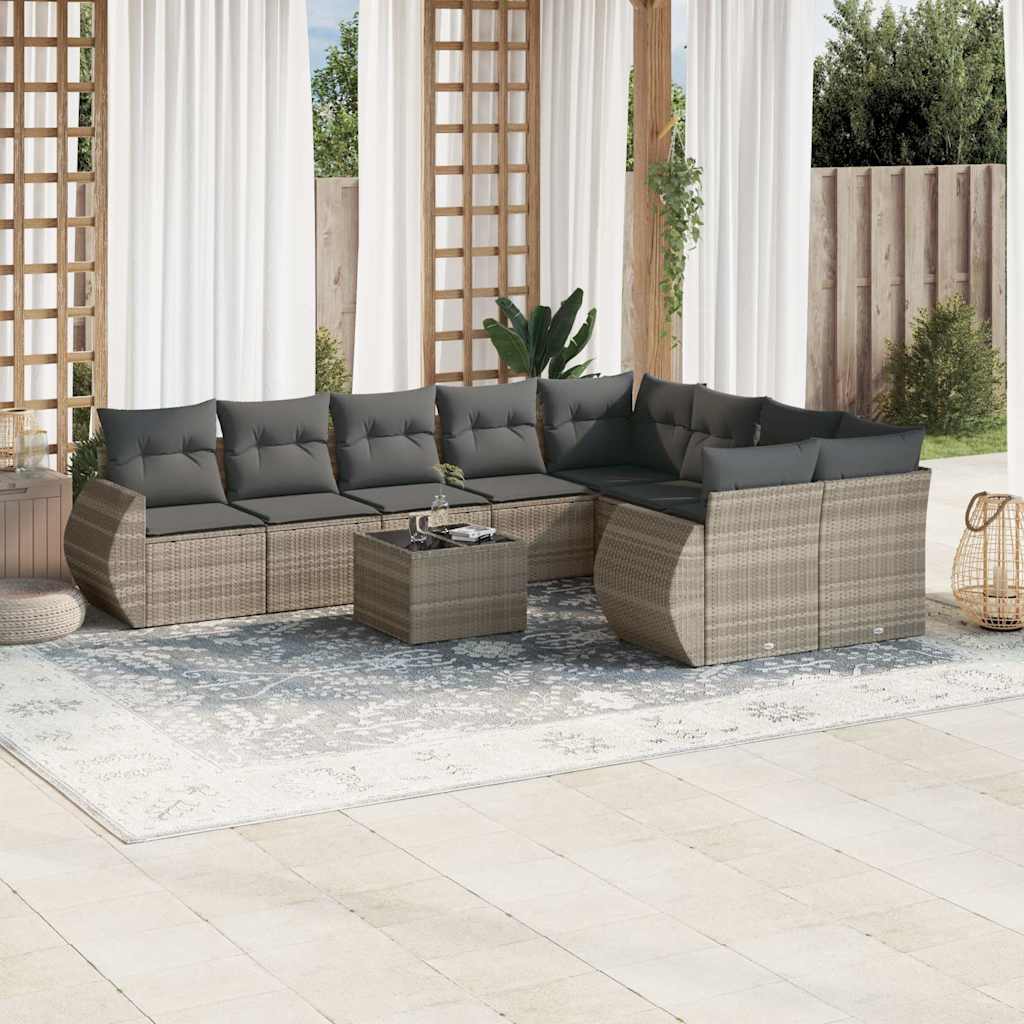 Set Divano Giardino 10 pz con Cuscini Grigio Chiaro Polyrattan