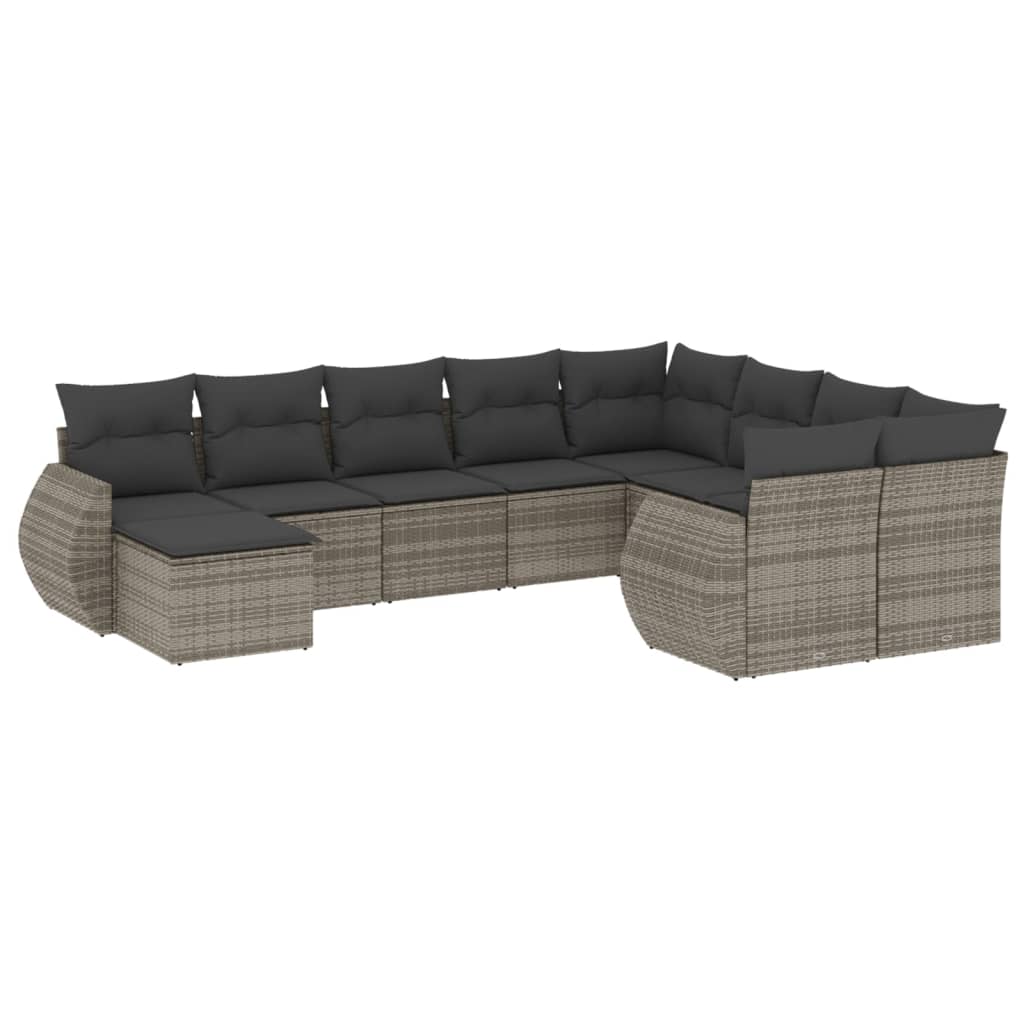 Set Divano da Giardino 10 pz con Cuscini Grigio in Polyrattan