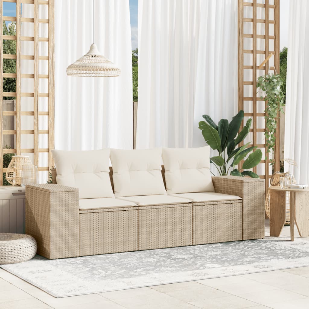 Set Divano da Giardino 3 pz con Cuscini-Sofa da Giardino-Divanetto da esterno Beige in Polyrattan 750789