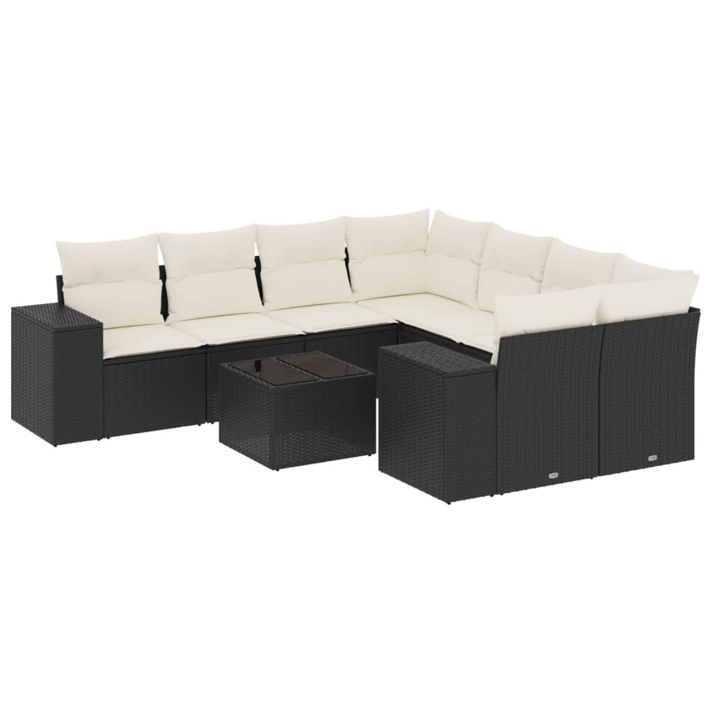 Set Divani da Giardino 9 pz con Cuscini Nero in Polyrattan