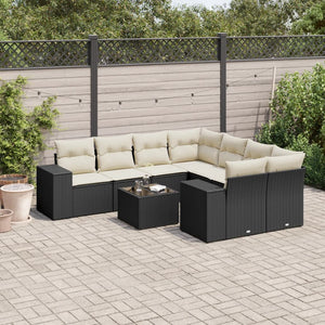Set Divani da Giardino 9 pz con Cuscini Nero in Polyrattan