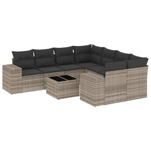 Set Divano da Giardino 9pz con Cuscini Grigio Chiaro Polyrattan