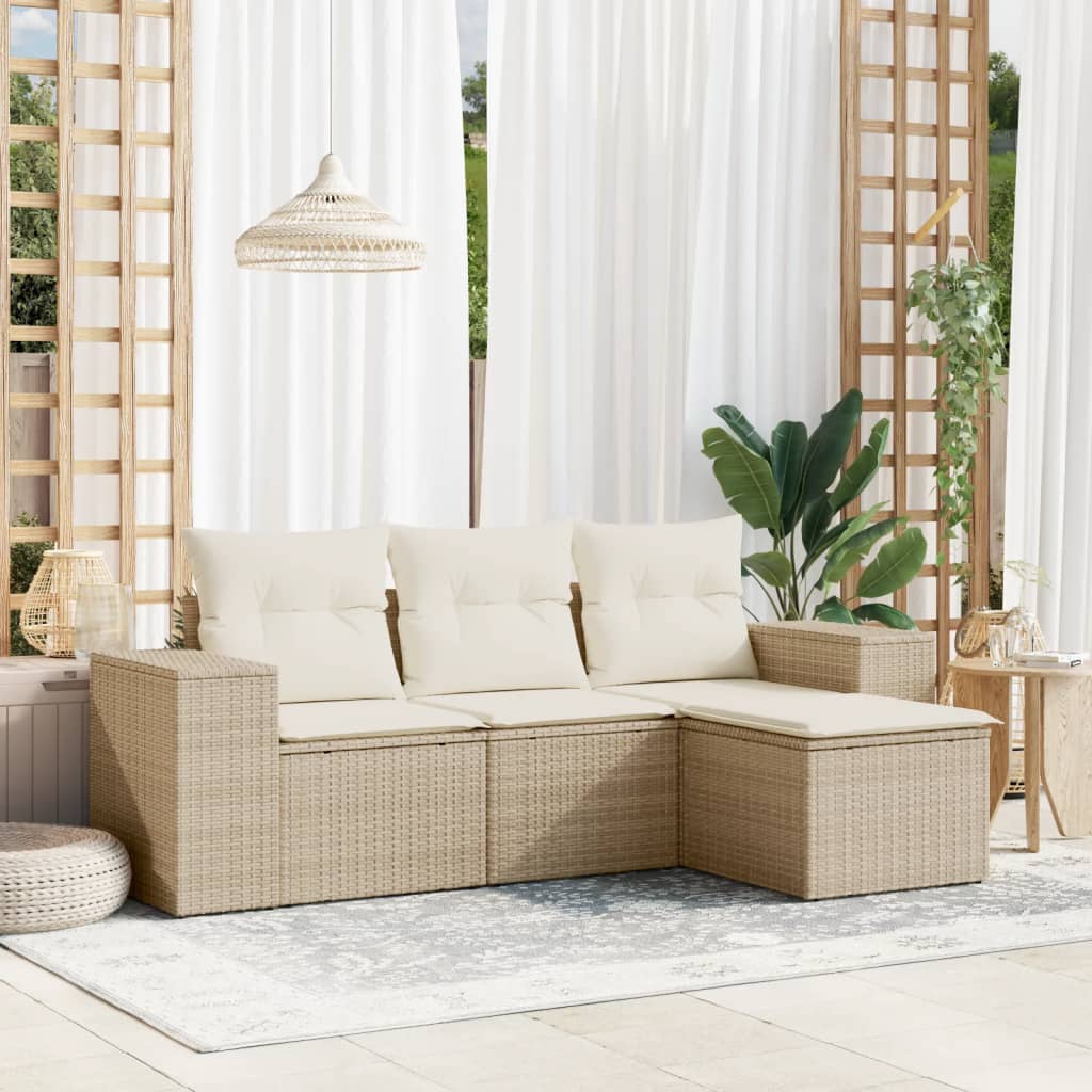 Set Divano da Giardino 4 pz con Cuscini-Sofa da Giardino-Divanetto da esterno Beige in Polyrattan 283570