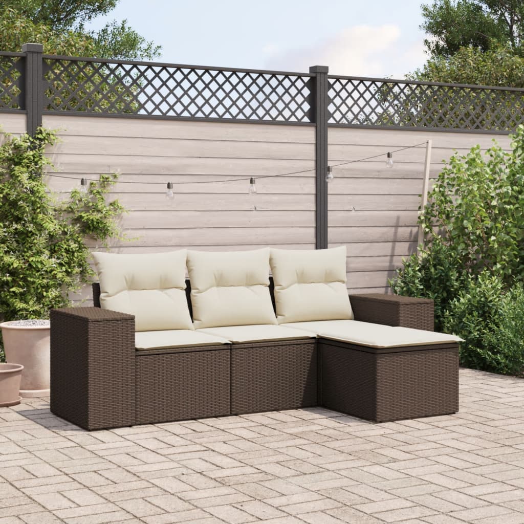 Set Divano da Giardino 4 pz con Cuscini-Sofa da Giardino-Divanetto da esterno Marrone in Polyrattan 659955