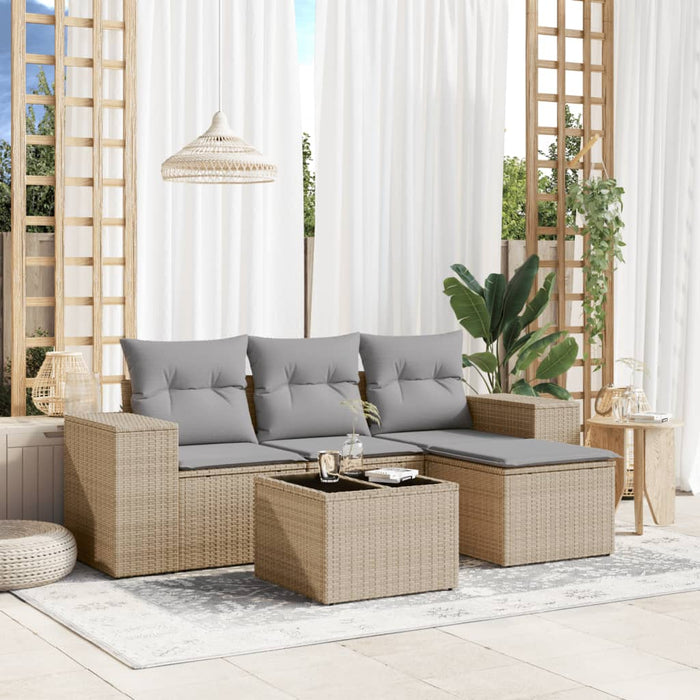 Set Divano da Giardino 5 pz con Cuscini-Sofa da Giardino-Divanetto da esterno Beige in Polyrattan 715539