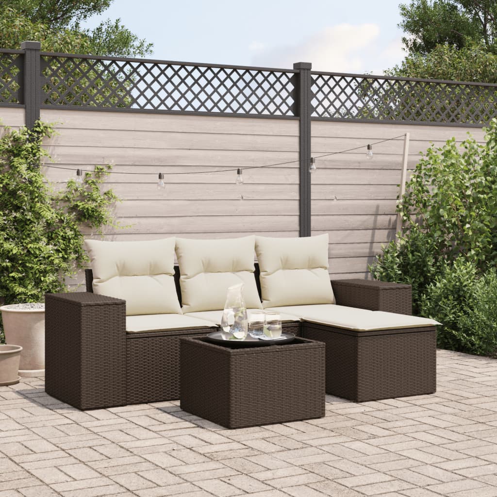 Set Divano da Giardino 5 pz con Cuscini-Sofa da Giardino-Divanetto da esterno Marrone in Polyrattan 653496
