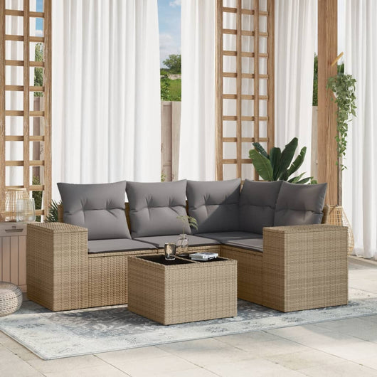 Set Divano da Giardino 5 pz con Cuscini-Sofa da Giardino-Divanetto da esterno Beige in Polyrattan 827795