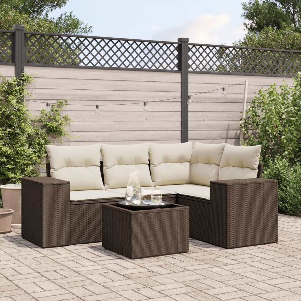 Set Divano da Giardino 5 pz con Cuscini-Sofa da Giardino-Divanetto da esterno Marrone in Polyrattan 274823