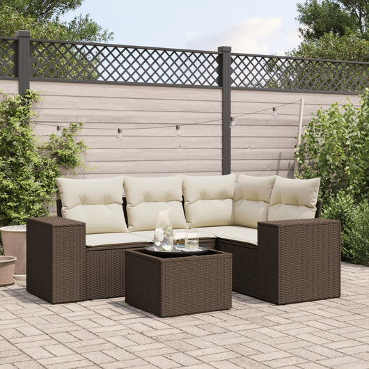 Set Divano da Giardino 5 pz con Cuscini-Sofa da Giardino-Divanetto da esterno Marrone in Polyrattan 274823