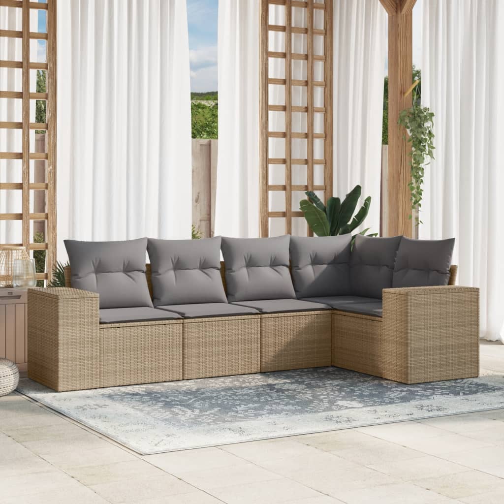Set Divano da Giardino 5 pz con Cuscini-Sofa da Giardino-Divanetto da esterno Beige in Polyrattan 355393