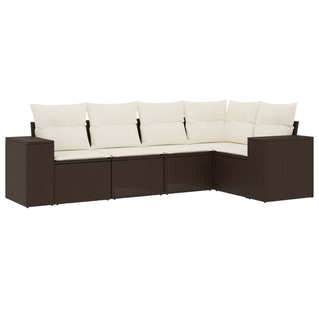 Set Divano da Giardino 5 pz con Cuscini-Sofa da Giardino-Divanetto da esterno Marrone in Polyrattan 206517
