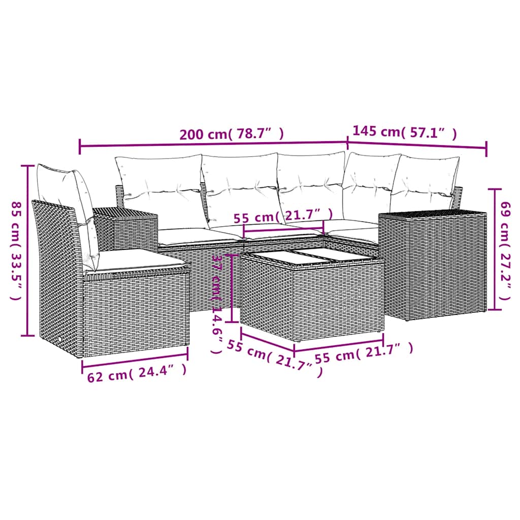 Set Divano da Giardino 6pz con Cuscini Grigio Chiaro Polyrattan