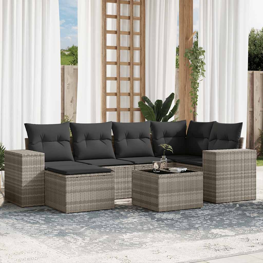 Set Divani da Giardino 7pz con Cuscini Grigio Chiaro Polyrattan