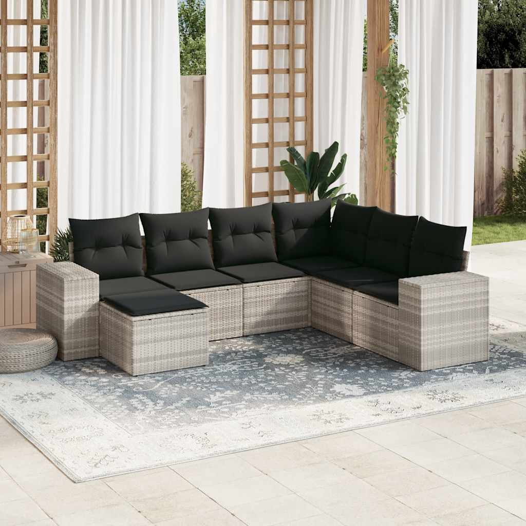 Set Divani da Giardino 7pz con Cuscini Grigio Chiaro Polyrattan