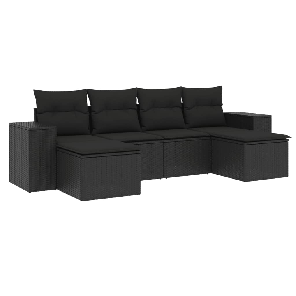 Set Divano da Giardino 6 pz con Cuscini Nero in Polyrattan