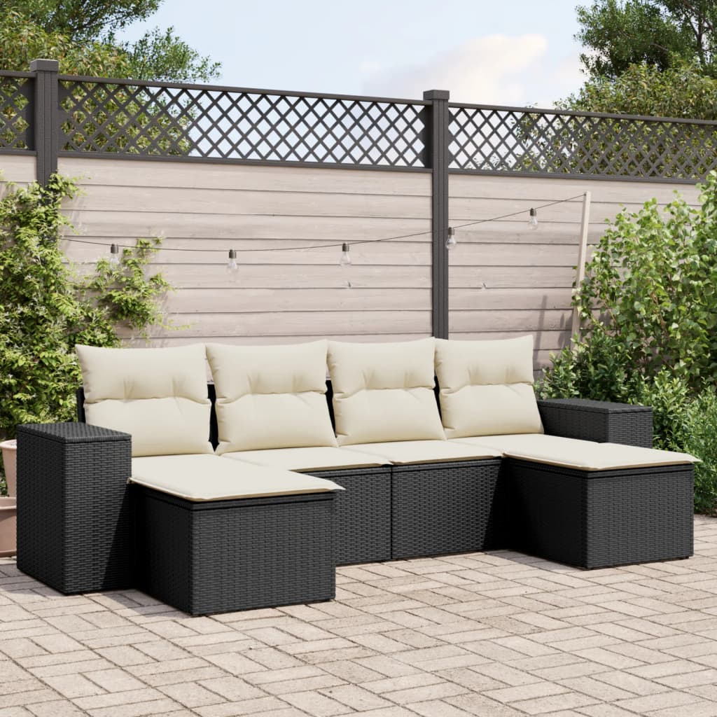 Set Divano da Giardino 6 pz con Cuscini-Sofa da Giardino-Divanetto da esterno Nero in Polyrattan 756262