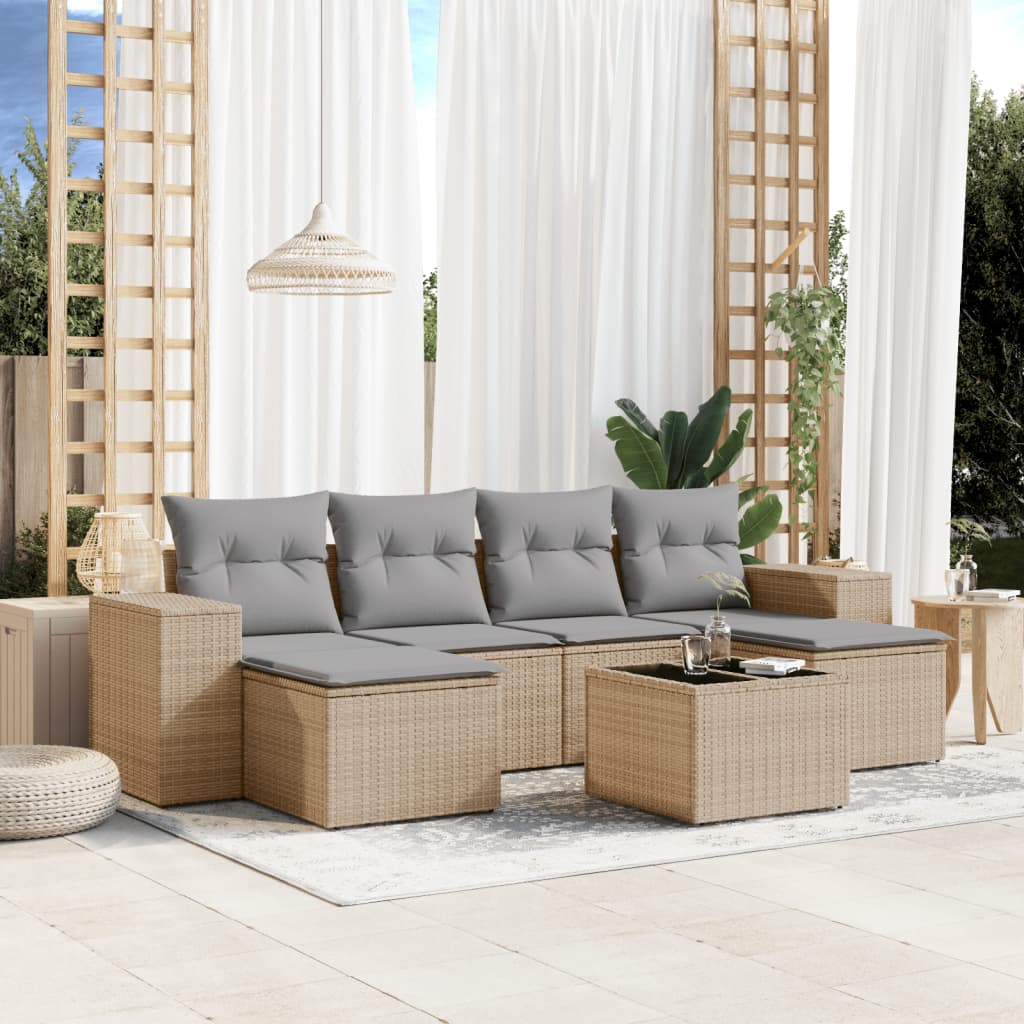 Set Divani da Giardino 7 pz con Cuscini Beige in Polyrattan
