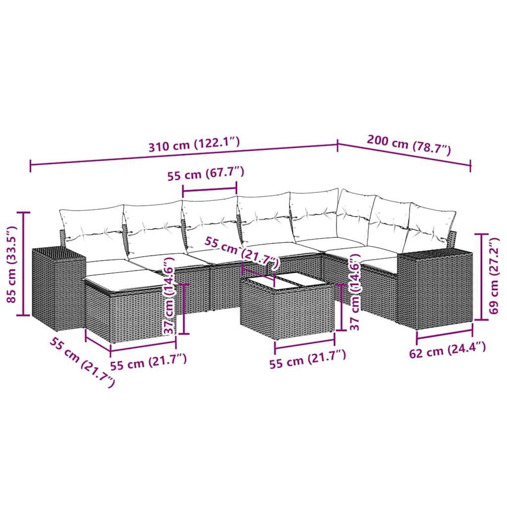 Set Divano da Giardino 9pz con Cuscini Grigio Chiaro Polyrattan 3222971