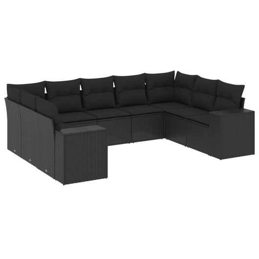 Set Divani da Giardino 9 pz con Cuscini Nero in Polyrattan