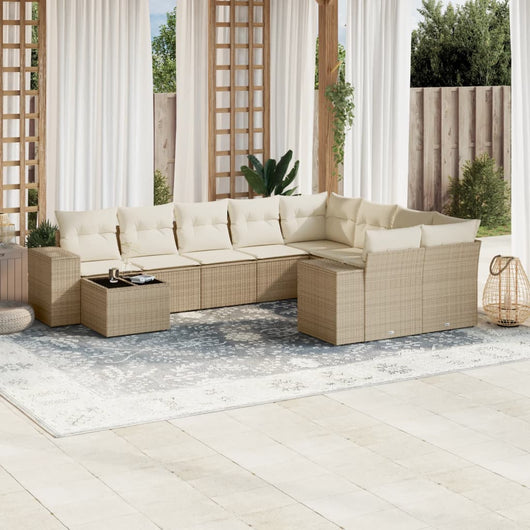 Set Divano da Giardino 10 pz con Cuscini Beige in Polyrattan