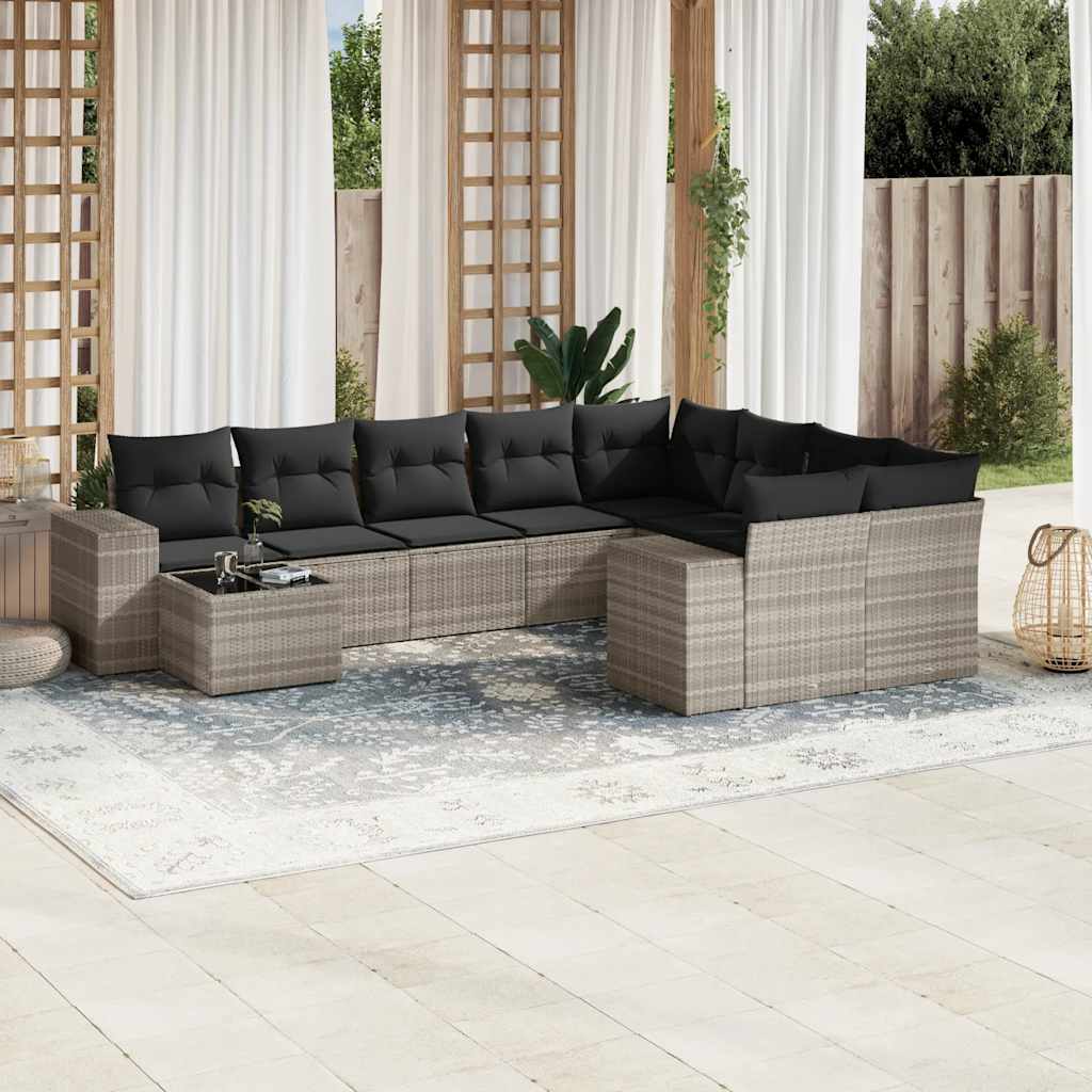 Set Divano Giardino 10 pz con Cuscini Grigio Chiaro Polyrattan