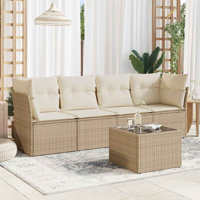 Set Divano da Giardino 5 pz con Cuscini-Sofa da Giardino-Divanetto da esterno Beige in Polyrattan 455827