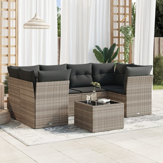 Set Divani da Giardino 7pz con Cuscini Grigio Chiaro Polyrattan