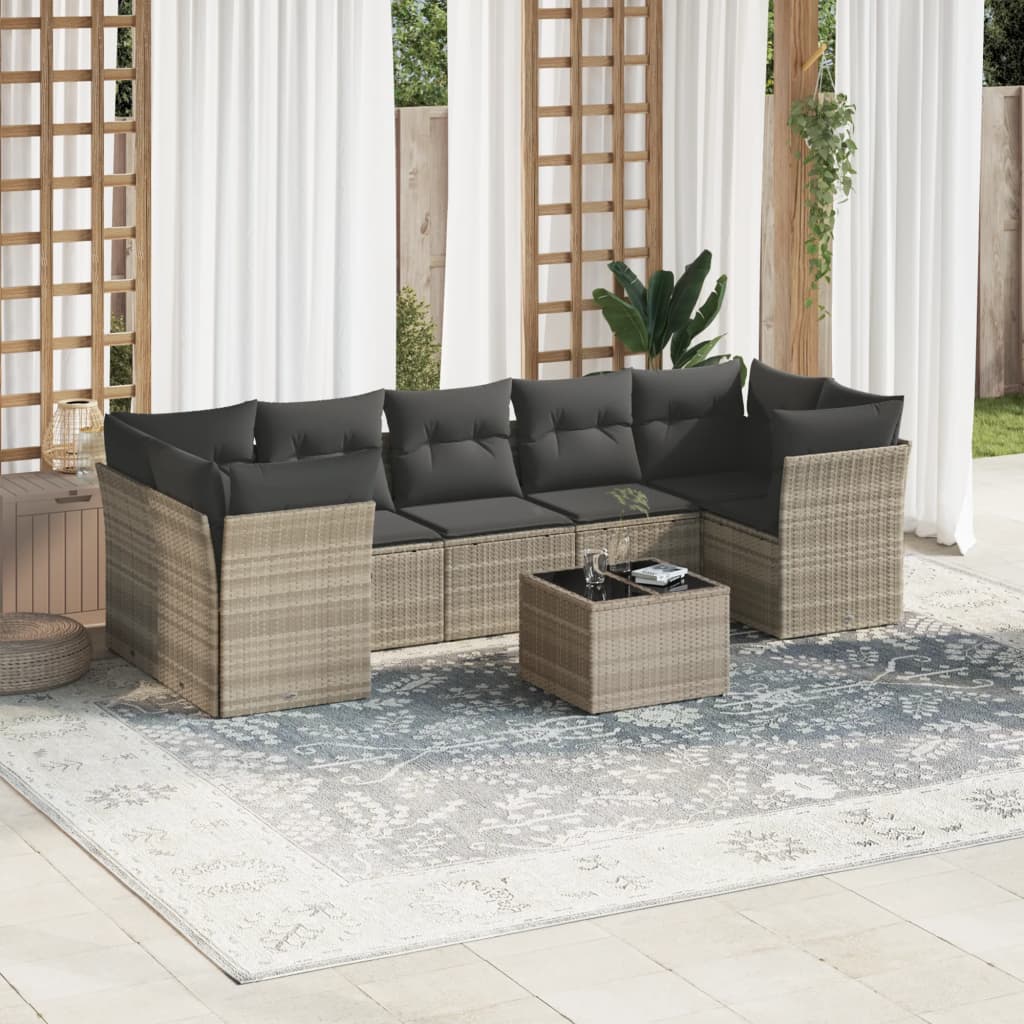 Set Divano da Giardino 8pz con Cuscini Grigio Chiaro Polyrattan