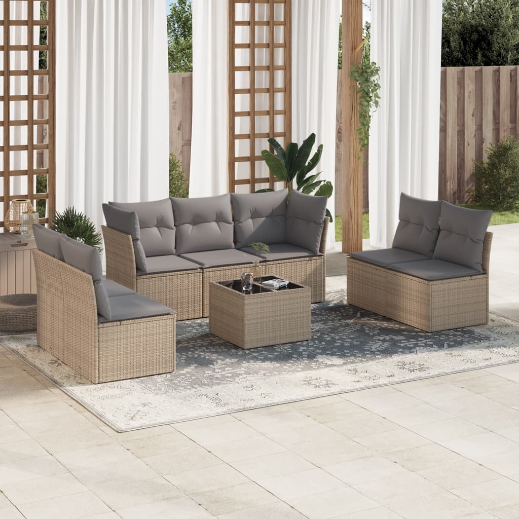 Set Divano da Giardino 8 pz con Cuscini Beige in Polyrattan