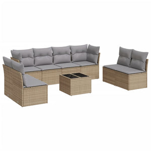 Set Divano da Giardino 9 pz con Cuscini Beige in Polyrattan