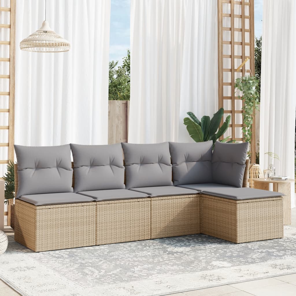 Set Divano da Giardino 5 pz con Cuscini-Sofa da Giardino-Divanetto da esterno Beige in Polyrattan 910763