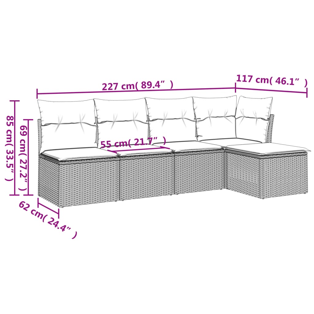 Set Divano da Giardino 5 pz con Cuscini Marrone in Polyrattan 3217523