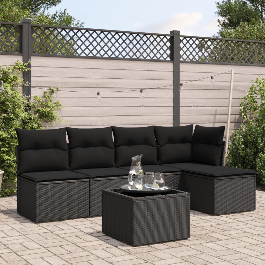 Set Divano da Giardino 6 pz con Cuscini-Sofa da Giardino-Divanetto da esterno Nero in Polyrattan 915488