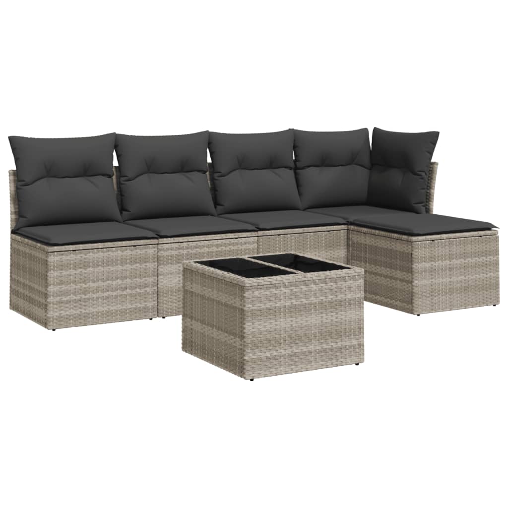 Set Divano da Giardino 6pz con Cuscini-Sofa da Giardino-Divanetto da esterno Grigio Chiaro Polyrattan 371607