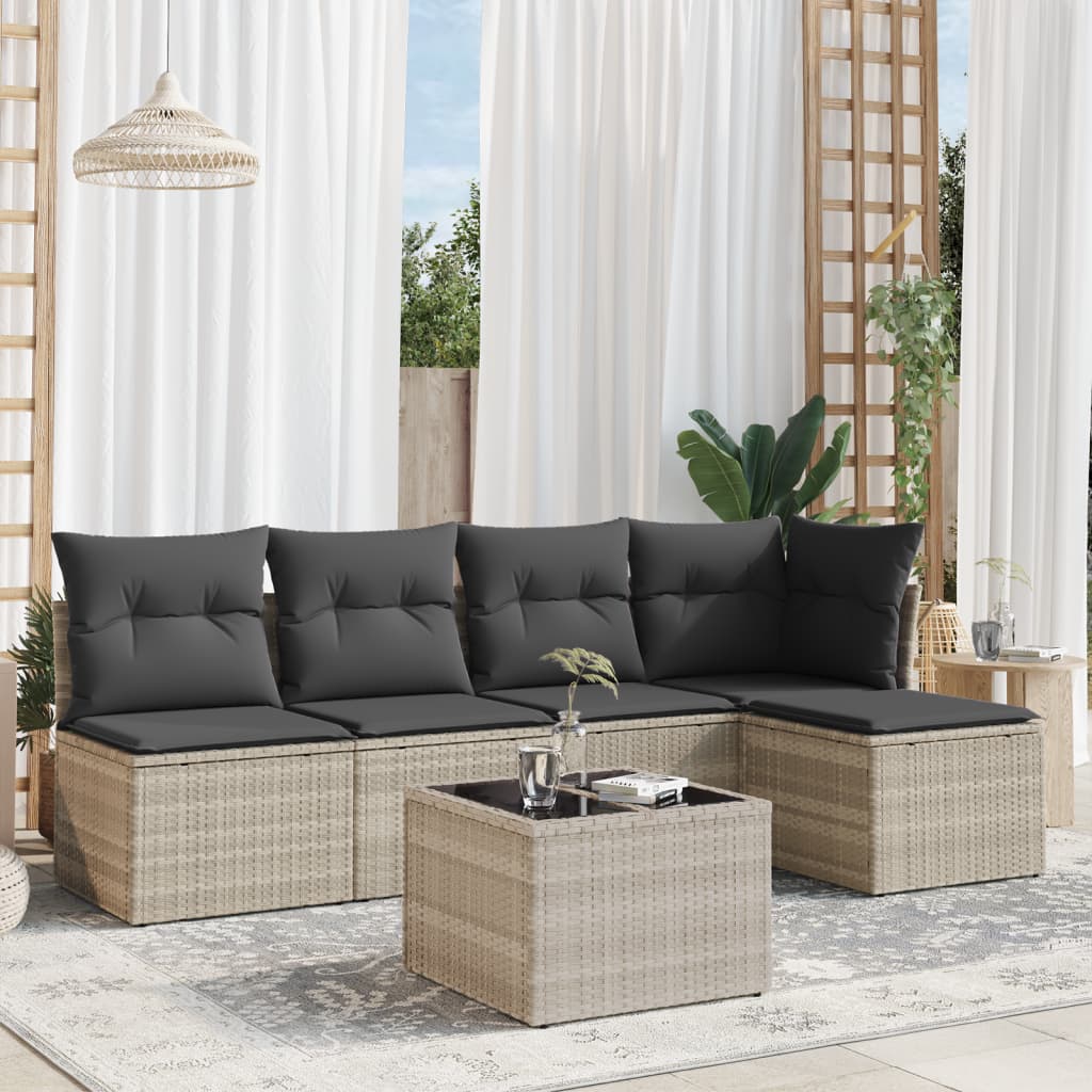 Set Divano da Giardino 6pz con Cuscini-Sofa da Giardino-Divanetto da esterno Grigio Chiaro Polyrattan 371607